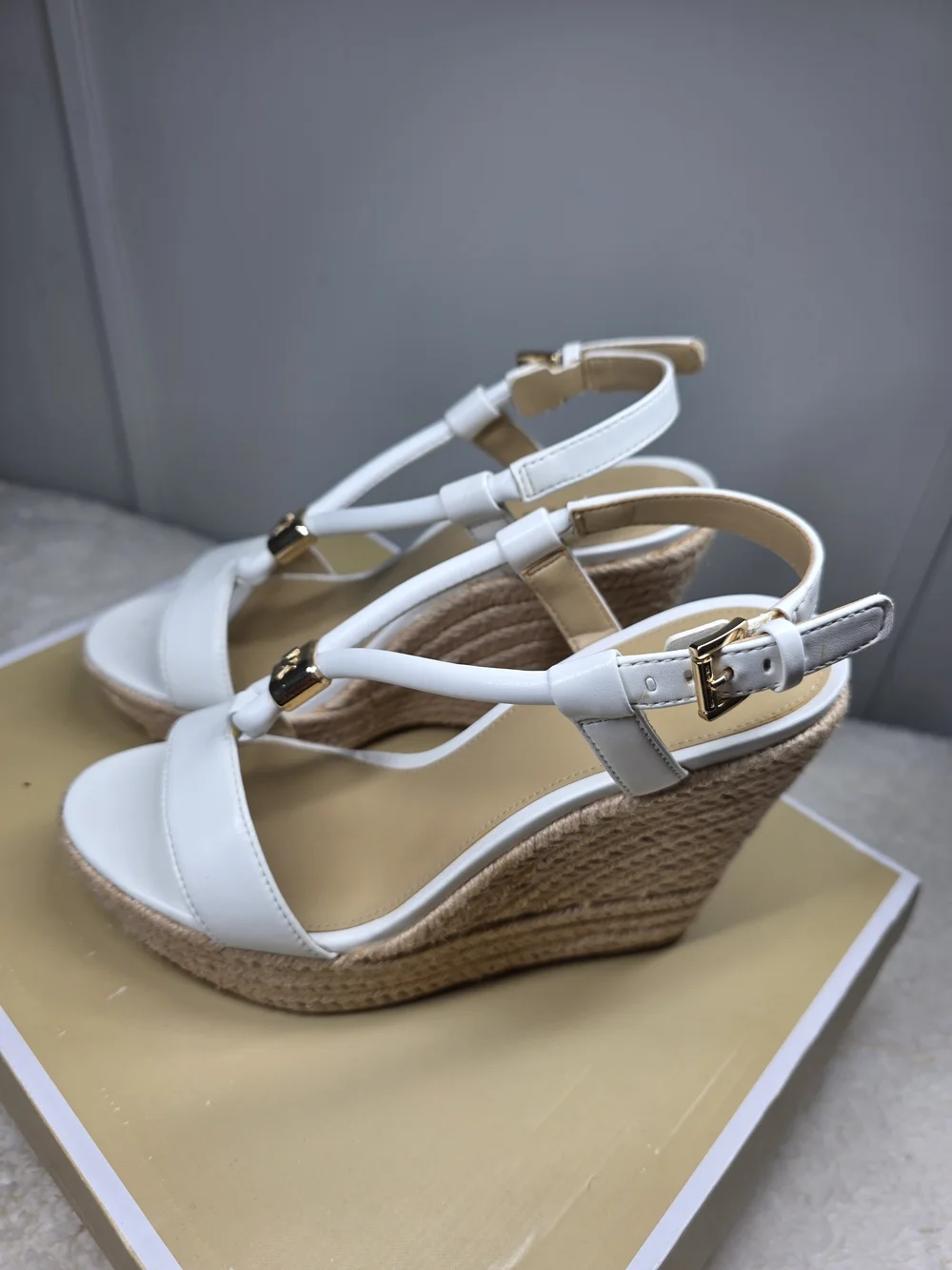 Michael Kors White Leather T-Strap Wedge Sandals with Gold Accents